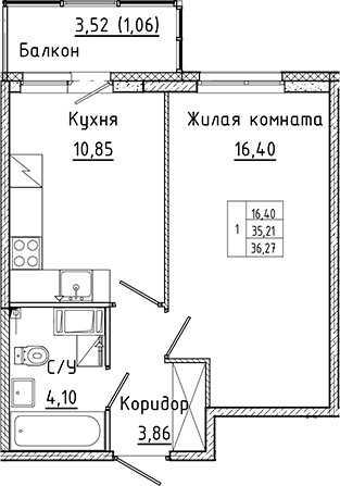 Планировка — Аквилон Янино, 1-комн., 35 м²
