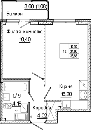 Планировка — Аквилон Янино, 2-комн., 35 м²