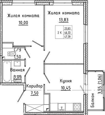 Планировка — Аквилон Янино, 2-комн., 46 м²
