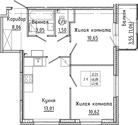 Планировка — Аквилон Янино, 2-комн., 47 м²