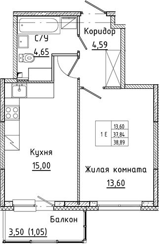 Планировка — Аквилон Янино, 2-комн., 38 м²