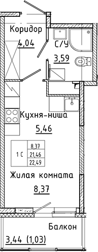 Планировка — Аквилон Янино, Студия, 21 м²