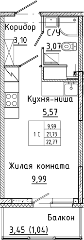 Планировка — Аквилон Янино, Студия, 22 м²