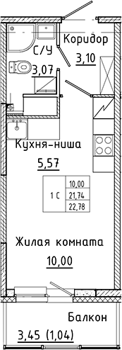 Планировка — Аквилон Янино, Студия, 22 м²