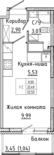 Планировка — Аквилон Янино, Студия, 21 м²