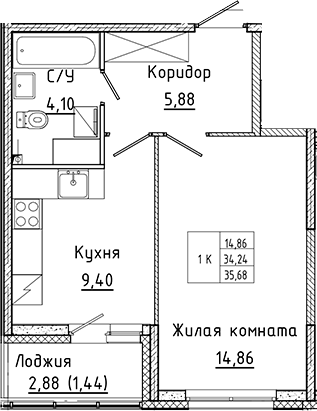Планировка — Аквилон Янино, 1-комн., 34 м²