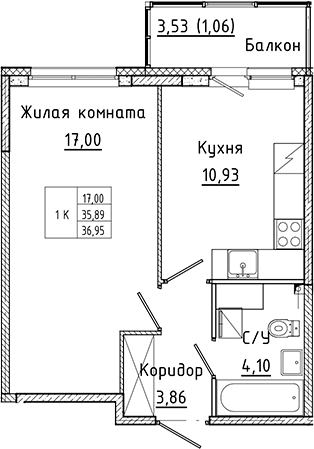 Планировка — Аквилон Янино, 1-комн., 36 м²