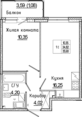Планировка — Аквилон Янино, 2-комн., 35 м²