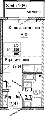 Планировка — Аквилон Янино, Студия, 19 м²
