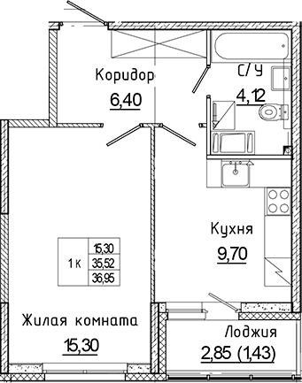 Планировка — Аквилон Янино, 1-комн., 36 м²