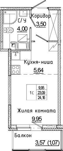 Планировка — Аквилон Янино, Студия, 23 м²