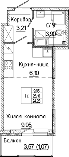 Планировка — Аквилон Янино, Студия, 23 м²