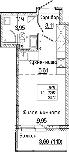 Планировка — Аквилон Янино, Студия, 23 м²