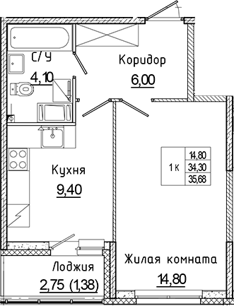 Планировка — Аквилон Янино, 1-комн., 34 м²