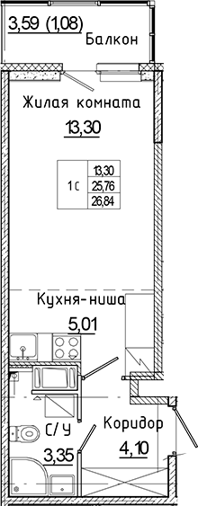 Планировка — Аквилон Янино, Студия, 26 м²