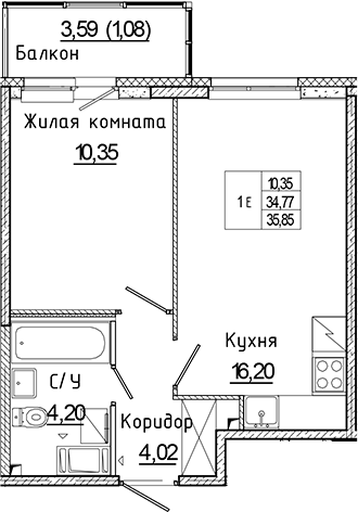 Планировка — Аквилон Янино, 2-комн., 35 м²