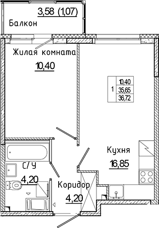 Планировка — Аквилон Янино, 2-комн., 36 м²