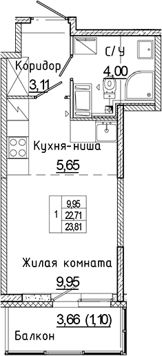 Планировка — Аквилон Янино, Студия, 23 м²