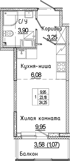 Планировка — Аквилон Янино, Студия, 23 м²