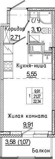 Планировка — Аквилон Янино, Студия, 21 м²