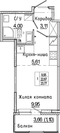 Планировка — Аквилон Янино, Студия, 23 м²
