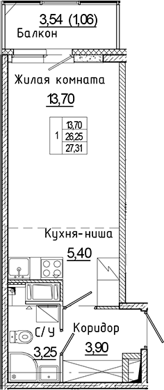 Планировка — Аквилон Янино, Студия, 26 м²