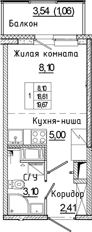 Планировка — Аквилон Янино, Студия, 19 м²