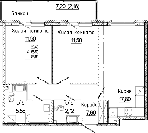 Планировка — Аквилон Янино, 3-комн., 57 м²