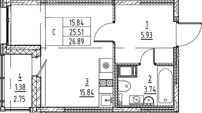 Планировка — Аквилон All in 3.0, Студия, 26 м²
