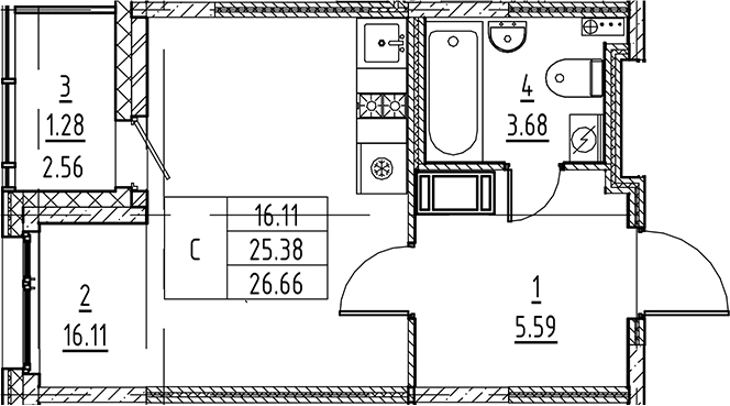Планировка — Аквилон All in 3.0, Студия, 25 м²