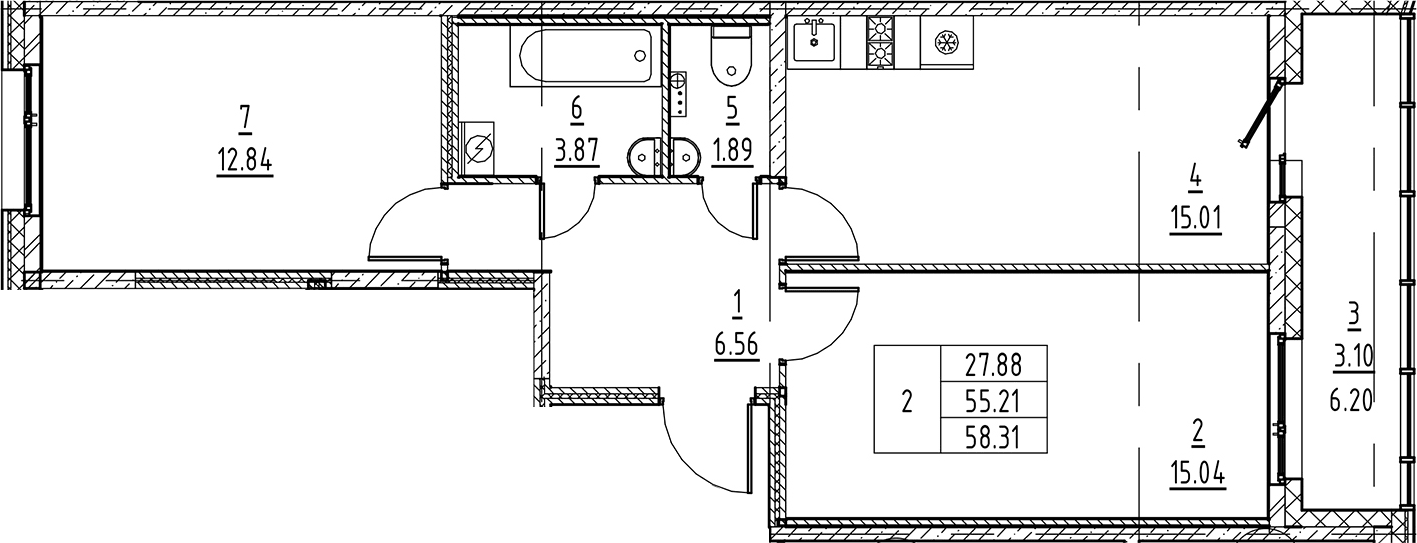 Планировка — Аквилон All in 3.0, 3-комн., 55 м²
