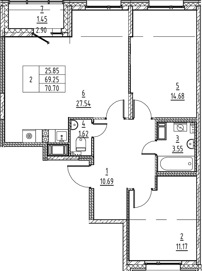 Планировка — Аквилон All in 3.0, 3-комн., 69 м²