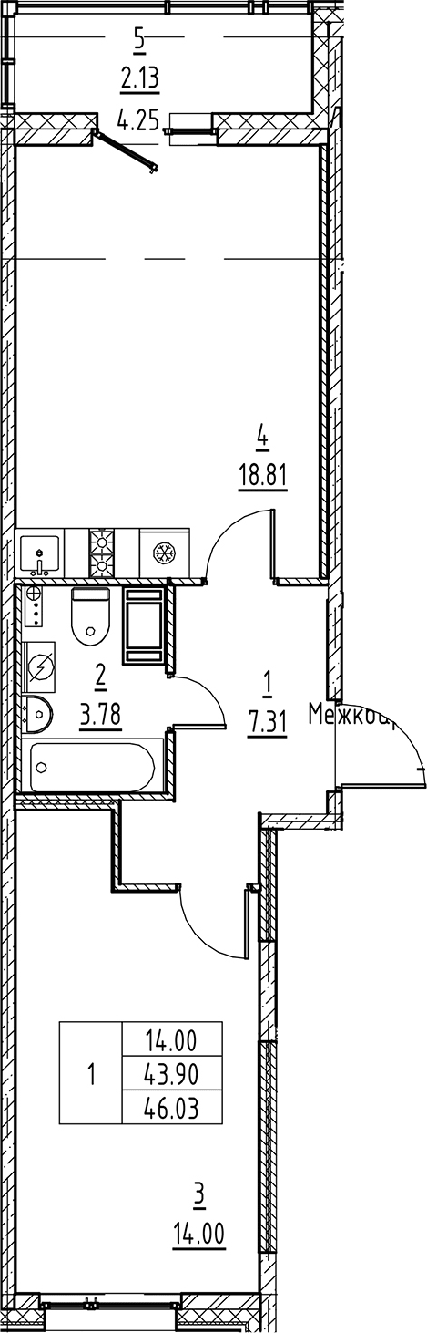 Планировка — Аквилон All in 3.0, 2-комн., 44 м²