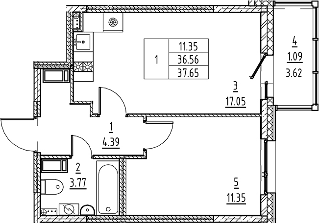 Планировка — Аквилон All in 3.0, 2-комн., 37 м²