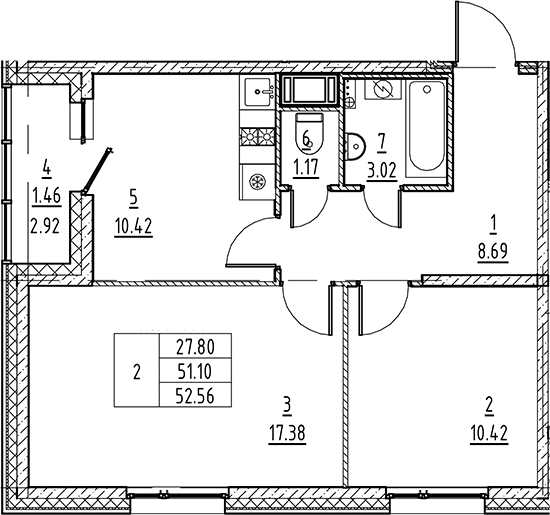 Планировка — Аквилон All in 3.0, 2-комн., 51 м²