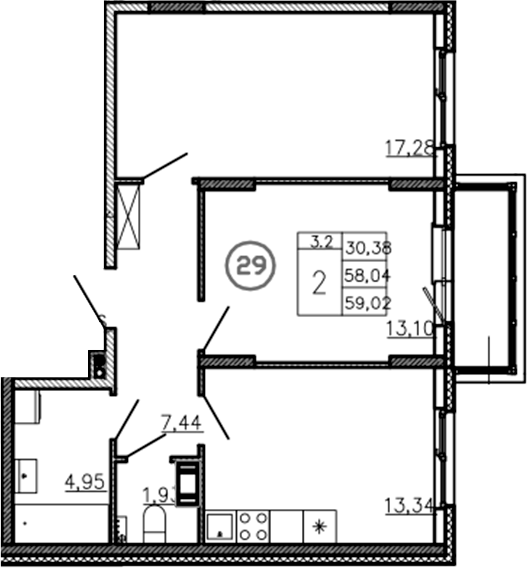 Планировка — Аннино Сити, 2-комн., 58 м²