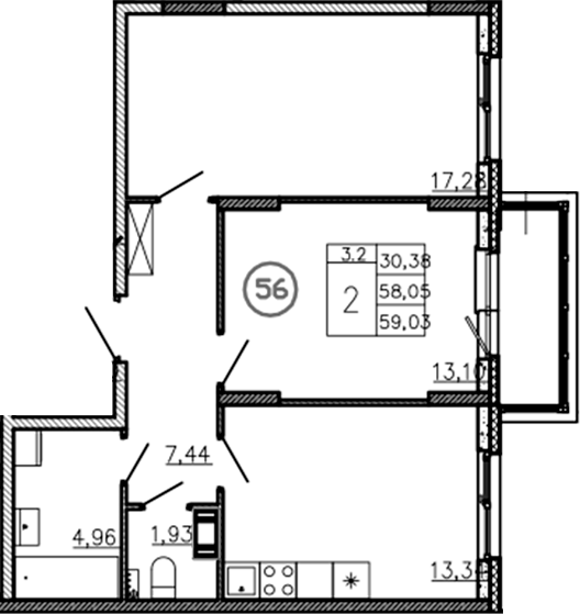 Планировка — Аннино Сити, 2-комн., 58 м²