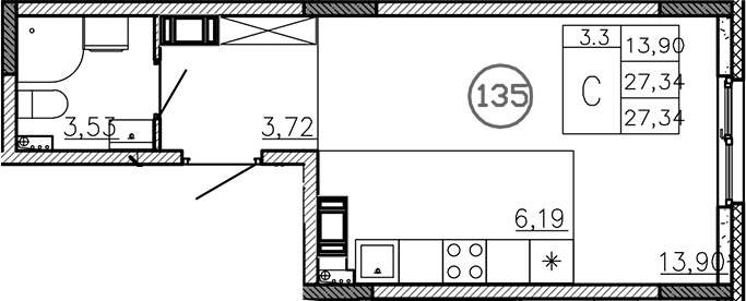 Планировка — Аннино Сити, Студия, 27 м²