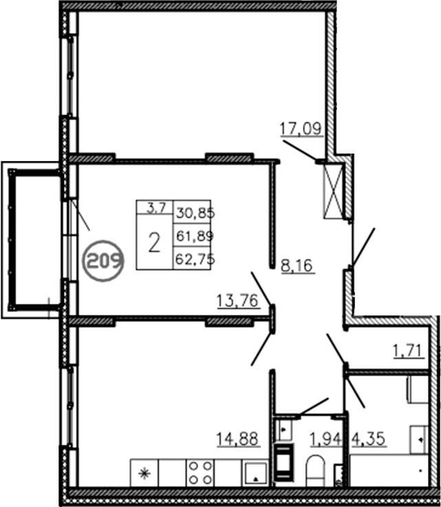 Планировка — Аннино Сити, 2-комн., 62 м²