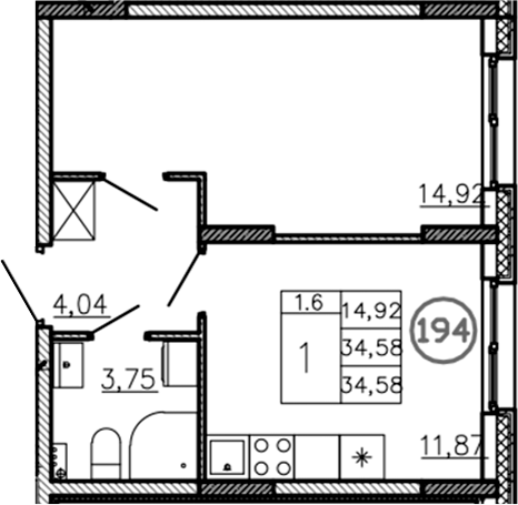 Планировка — Аннино Сити, 1-комн., 35 м²