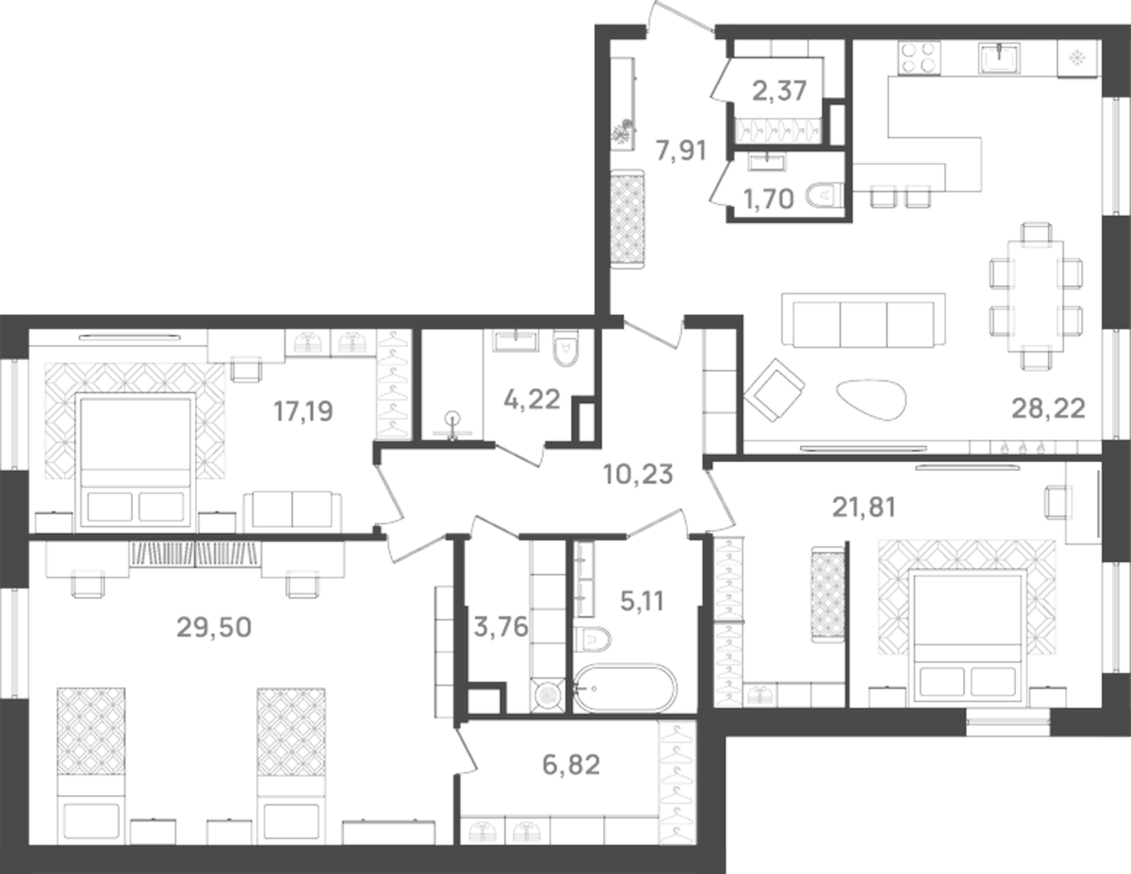 Планировка — VI квартал, 4-комн., 139 м²
