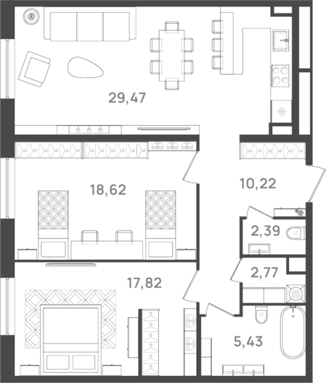 Планировка — VI квартал, 3-комн., 87 м²