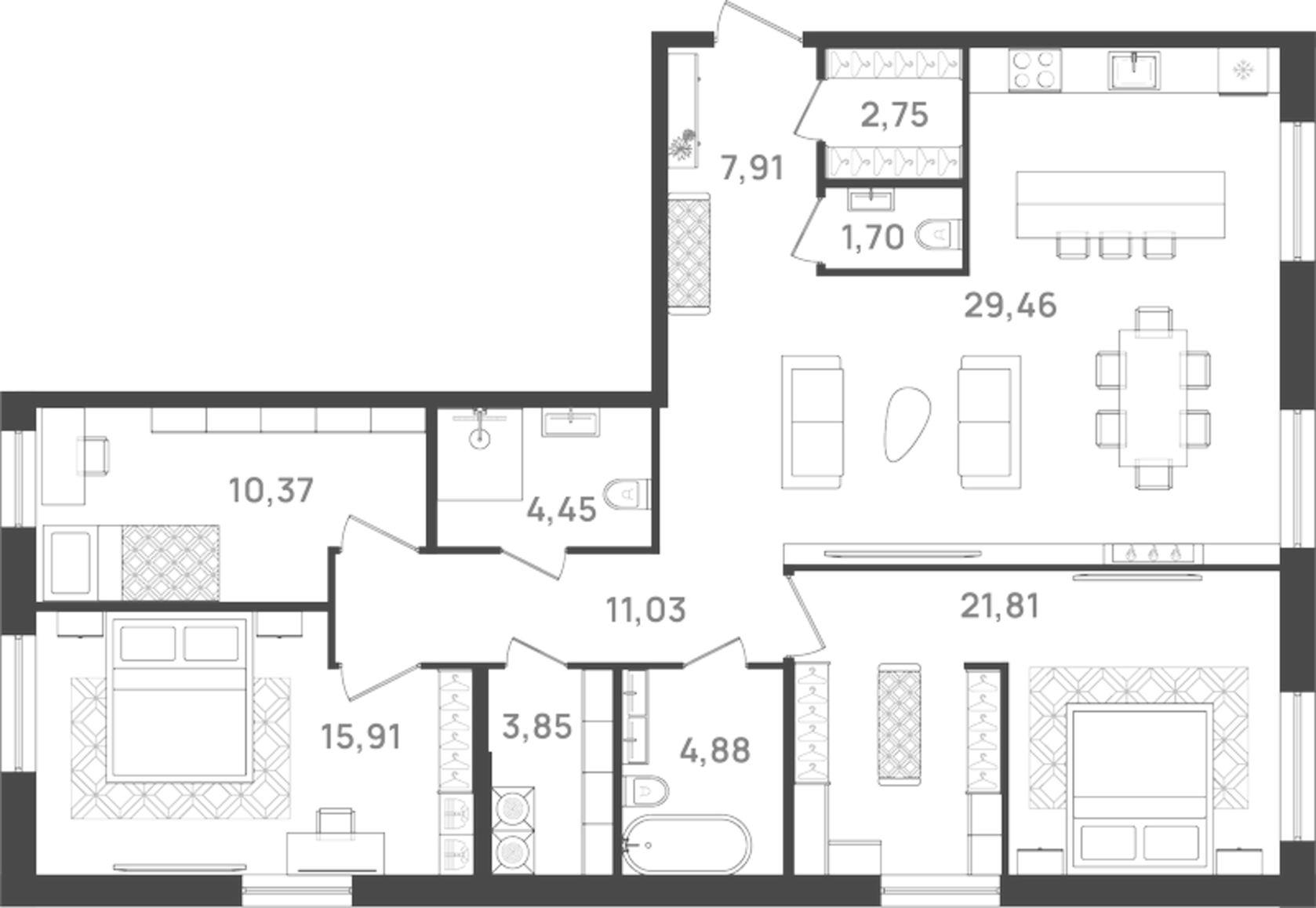 Планировка — VI квартал, 4-комн., 114 м²