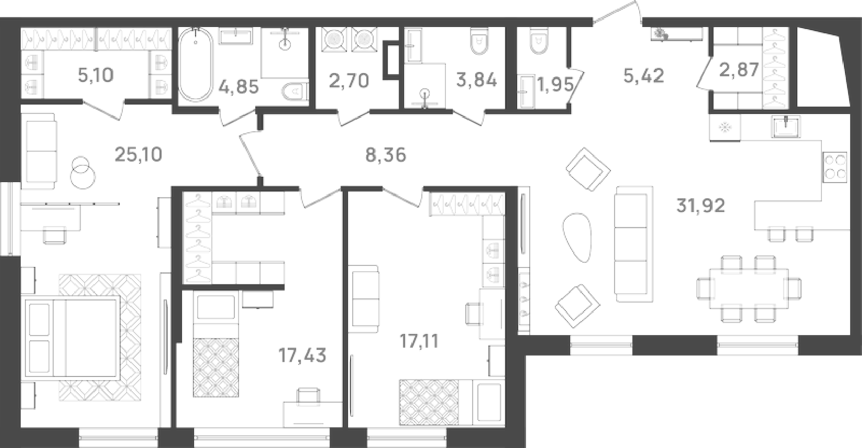 Планировка — VI квартал, 4-комн., 127 м²