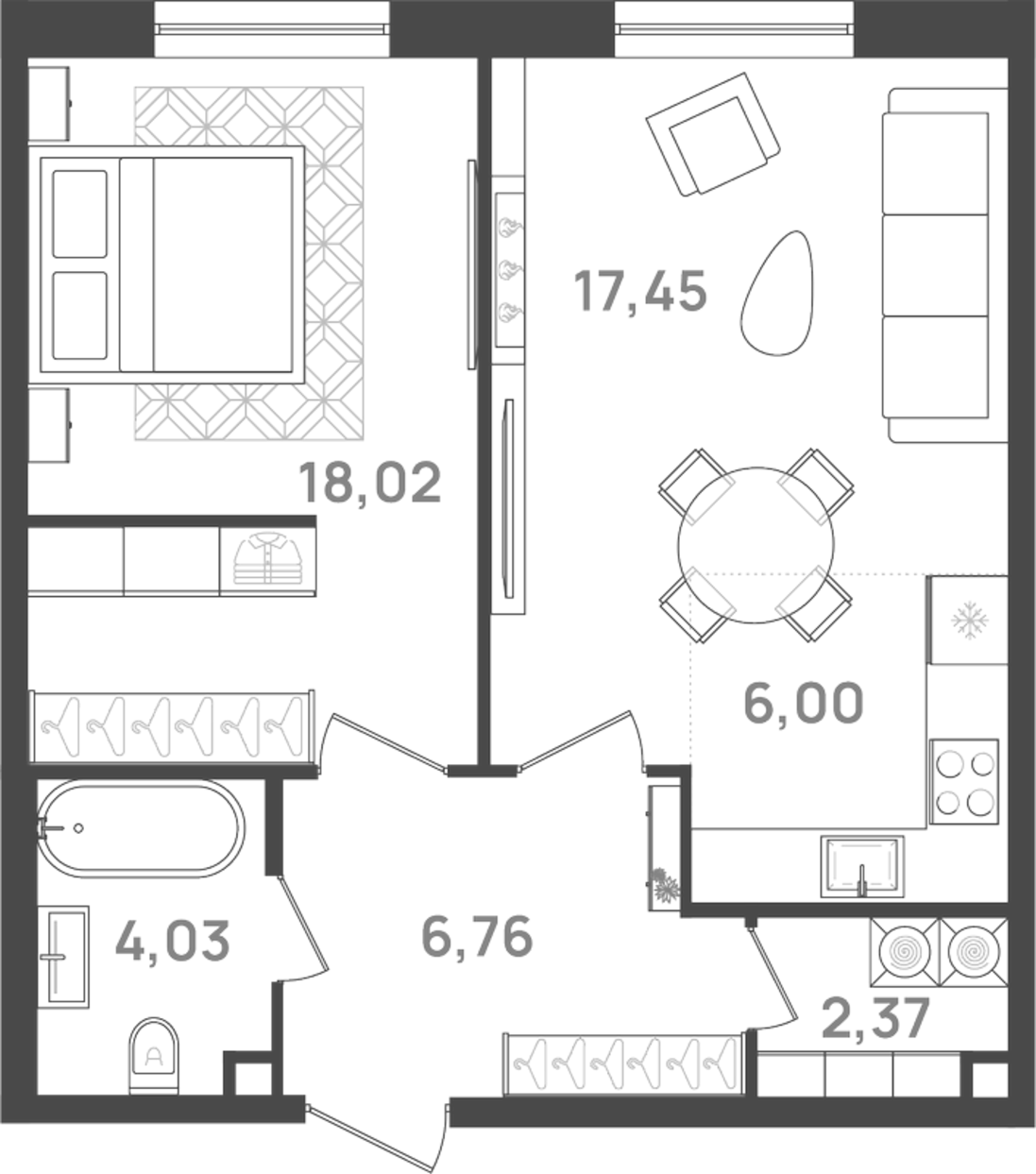 Планировка — VI квартал, 2-комн., 55 м²