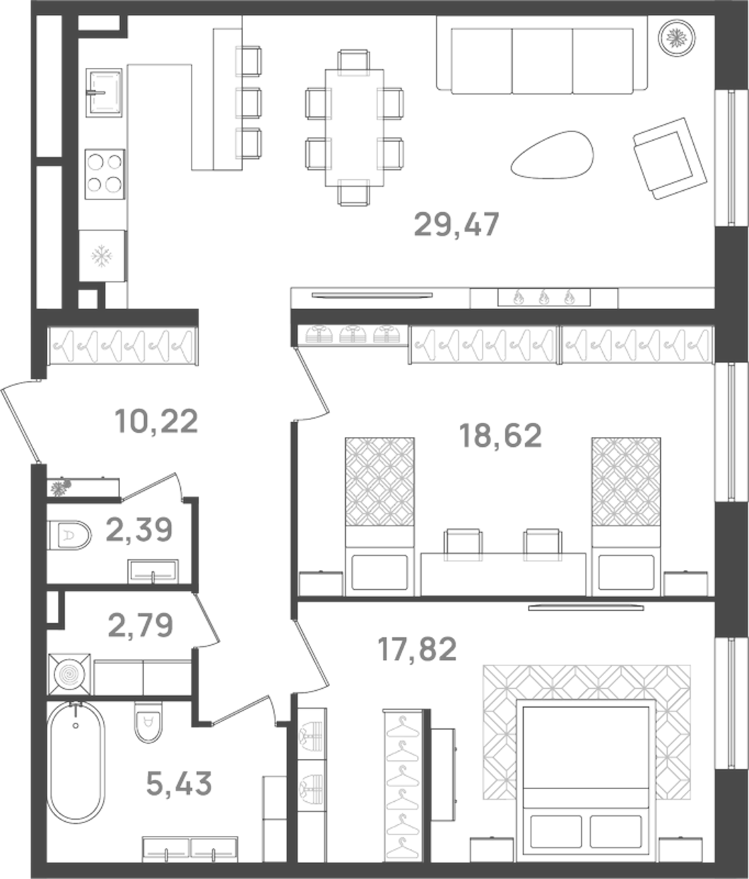 Планировка — VI квартал, 3-комн., 87 м²