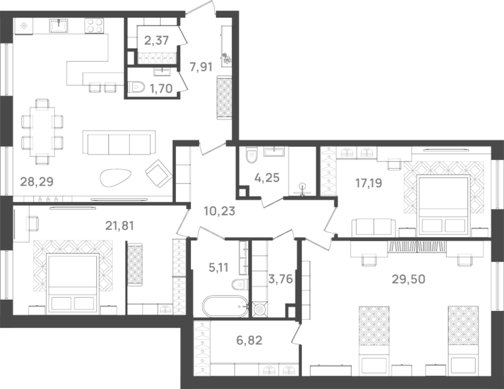 Планировка — VI квартал, 4-комн., 139 м²