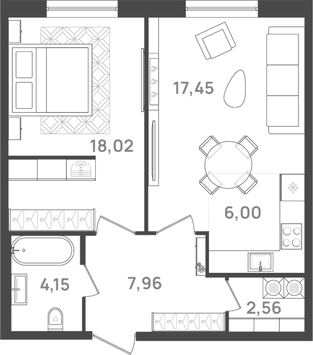 Планировка — VI квартал, 2-комн., 56 м²