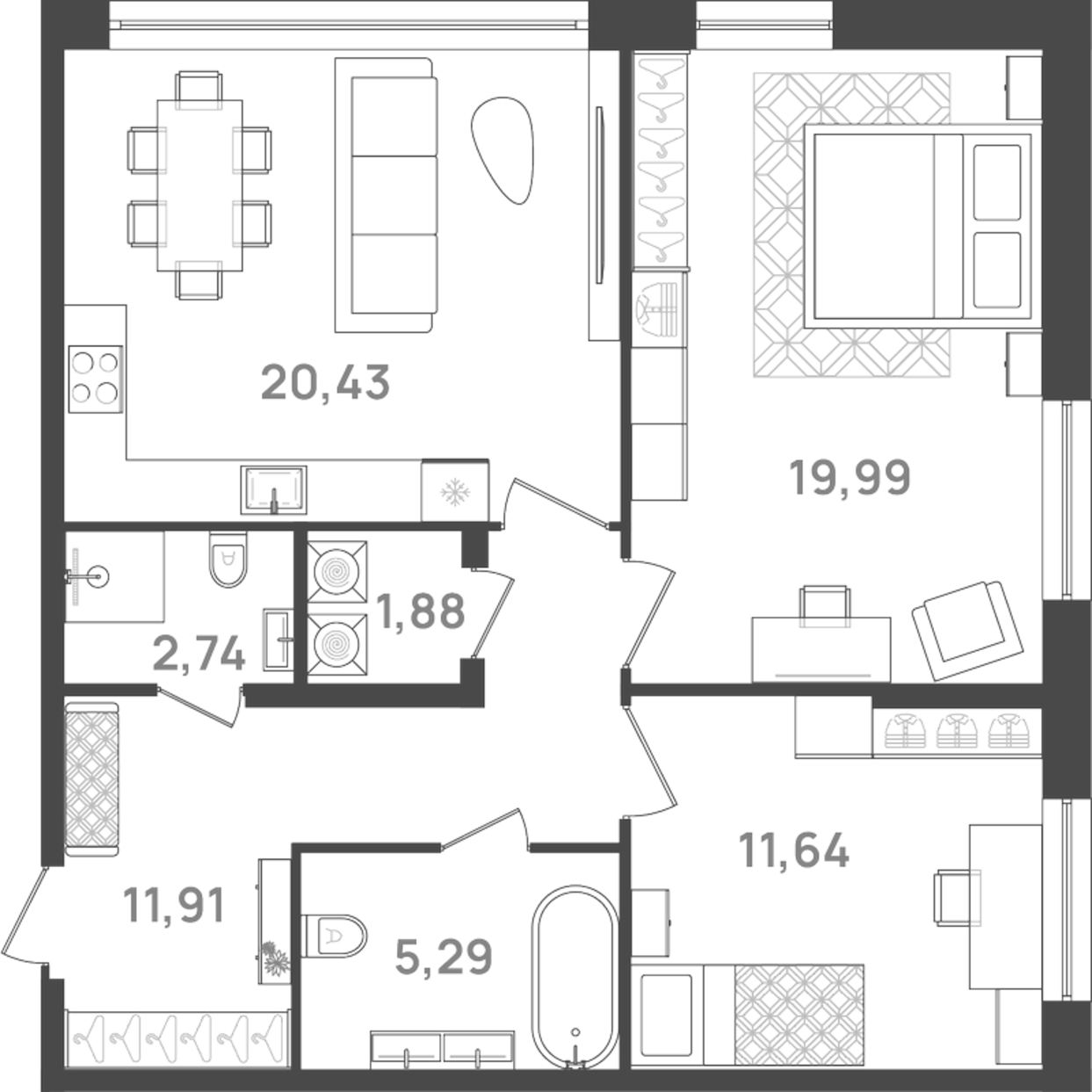 Планировка — VI квартал, 3-комн., 74 м²