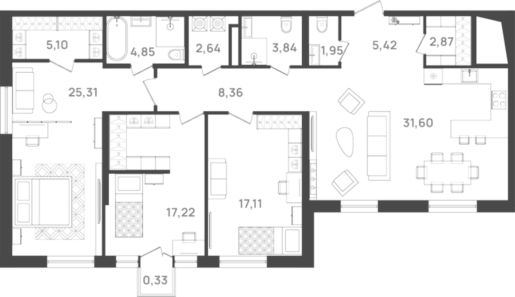 Планировка — VI квартал, 4-комн., 126 м²
